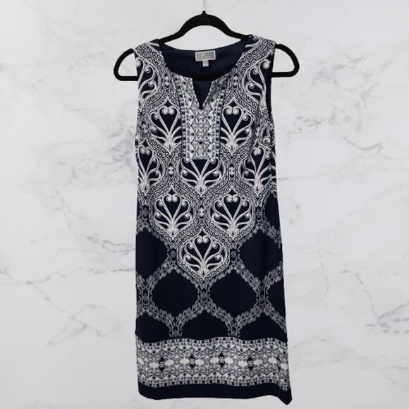 JM Collection Petite Blue Patterned Dress Sleeveless Small Stretch - Picture 1 of 5